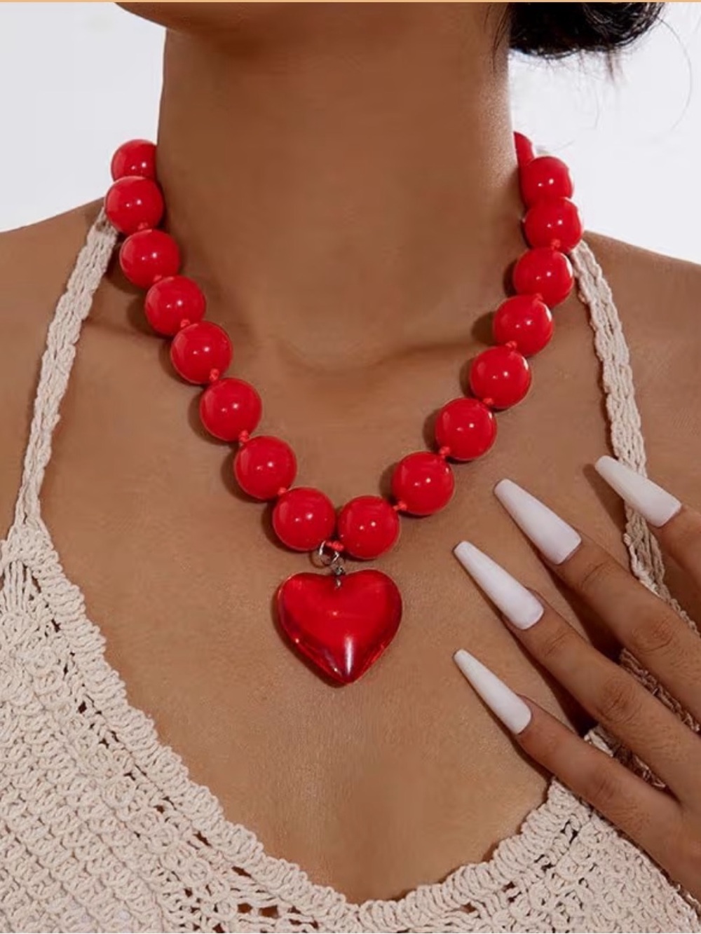 Red Chunky Bead Necklace -Statement Heart Pendant Choker Y2K Indie Jewelry